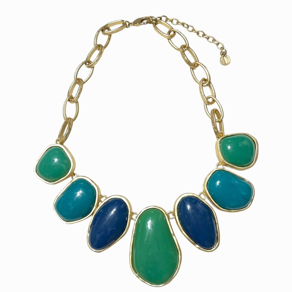 Talbots Statement Necklace Gold Tone Blue Green Cabochon Chunky Chain Bib Bold
